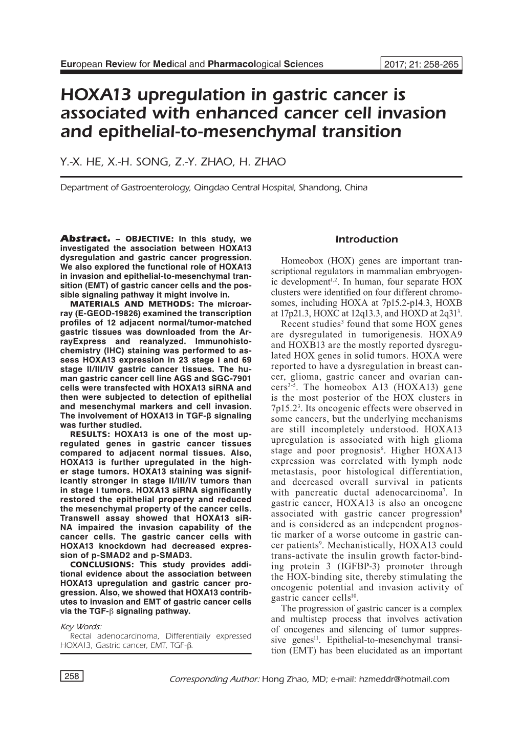 HOXA13 Upregulation in Gastric Cancer Is Associated with Enhanced Cancer Cell Invasion and Epithelial-To-Mesenchymal Transition