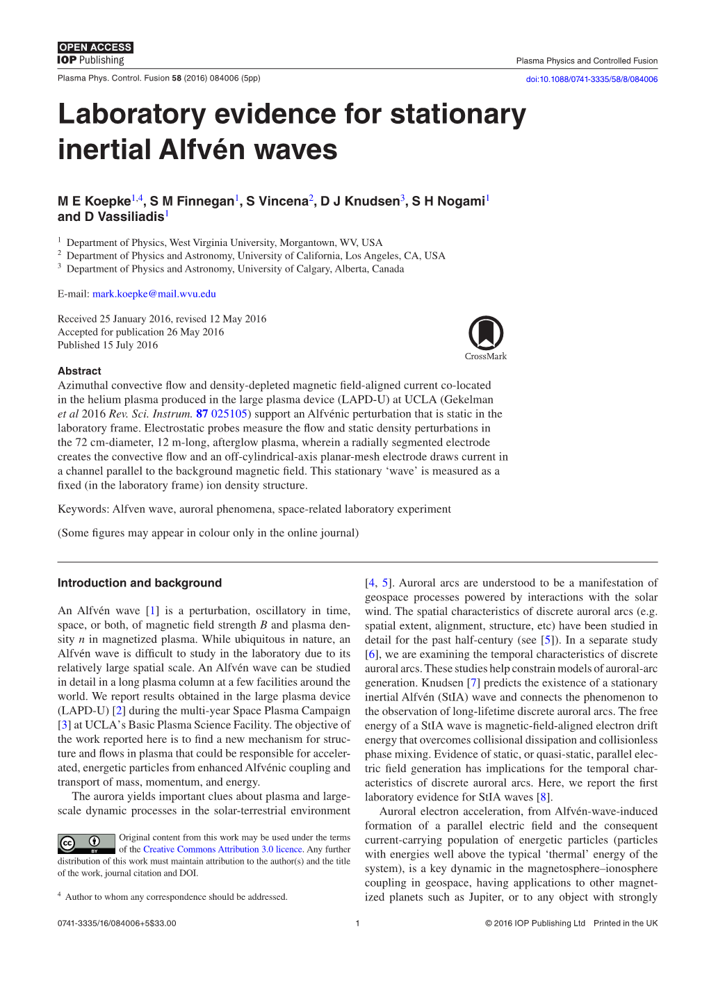 Laboratory Evidence for Stationary Inertial Alfvén Waves
