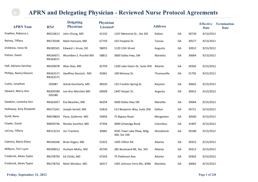 APRN and Delegating Physician - Reviewed Nurse Protocol Agreements