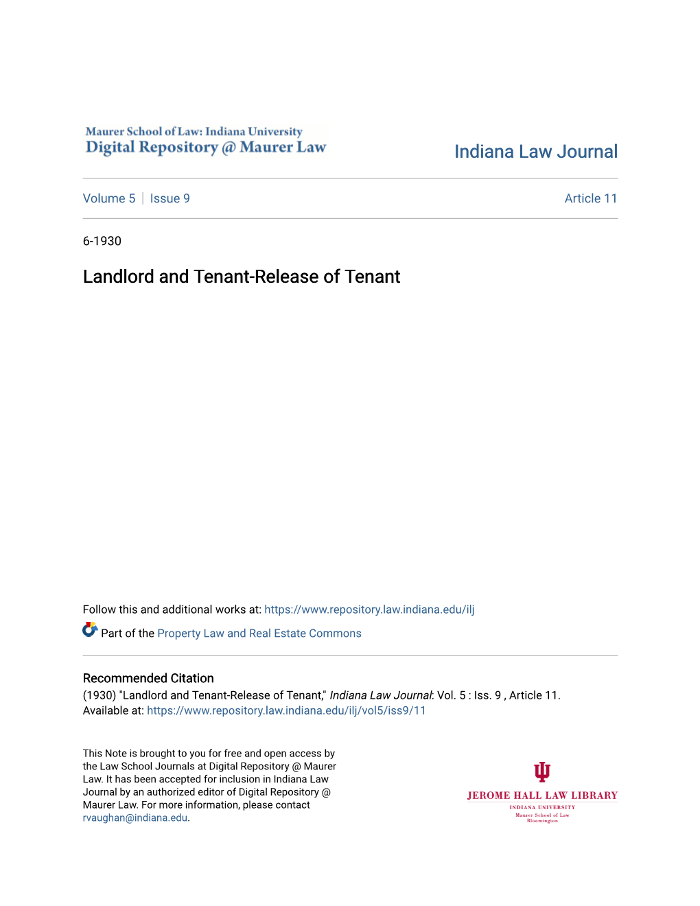 Landlord and Tenant-Release of Tenant