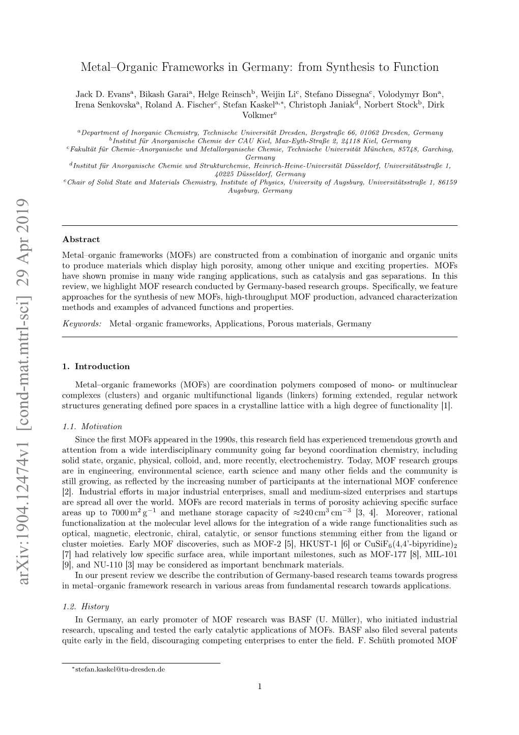 Arxiv:1904.12474V1 [Cond-Mat.Mtrl-Sci] 29 Apr 2019 in Metal–Organic Framework Research in Various Areas from Fundamental Research Towards Applications