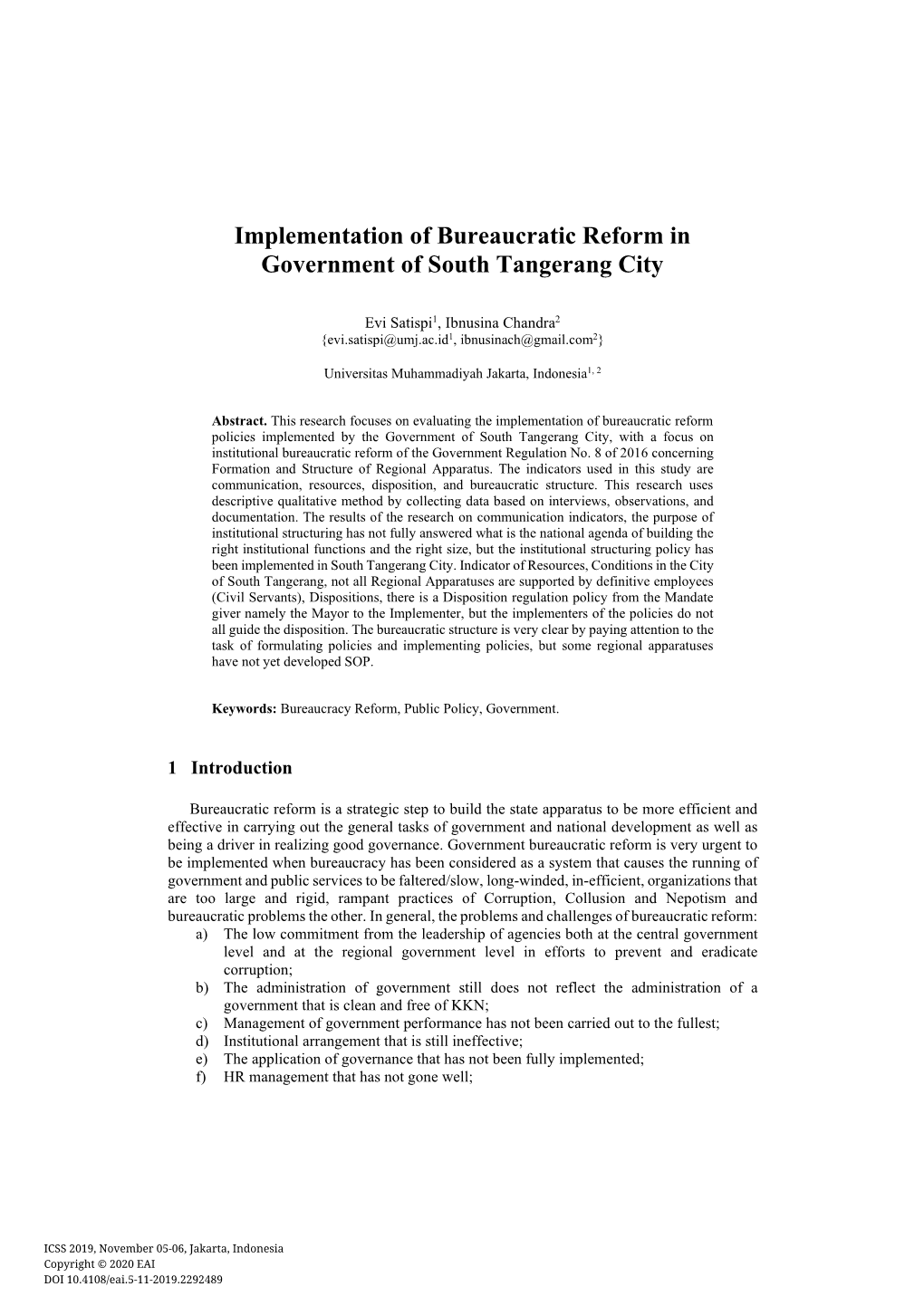 Implementation of Bureaucratic Reform in Government of South Tangerang City