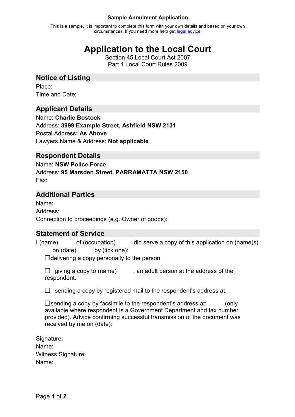 Sample Annulment Application