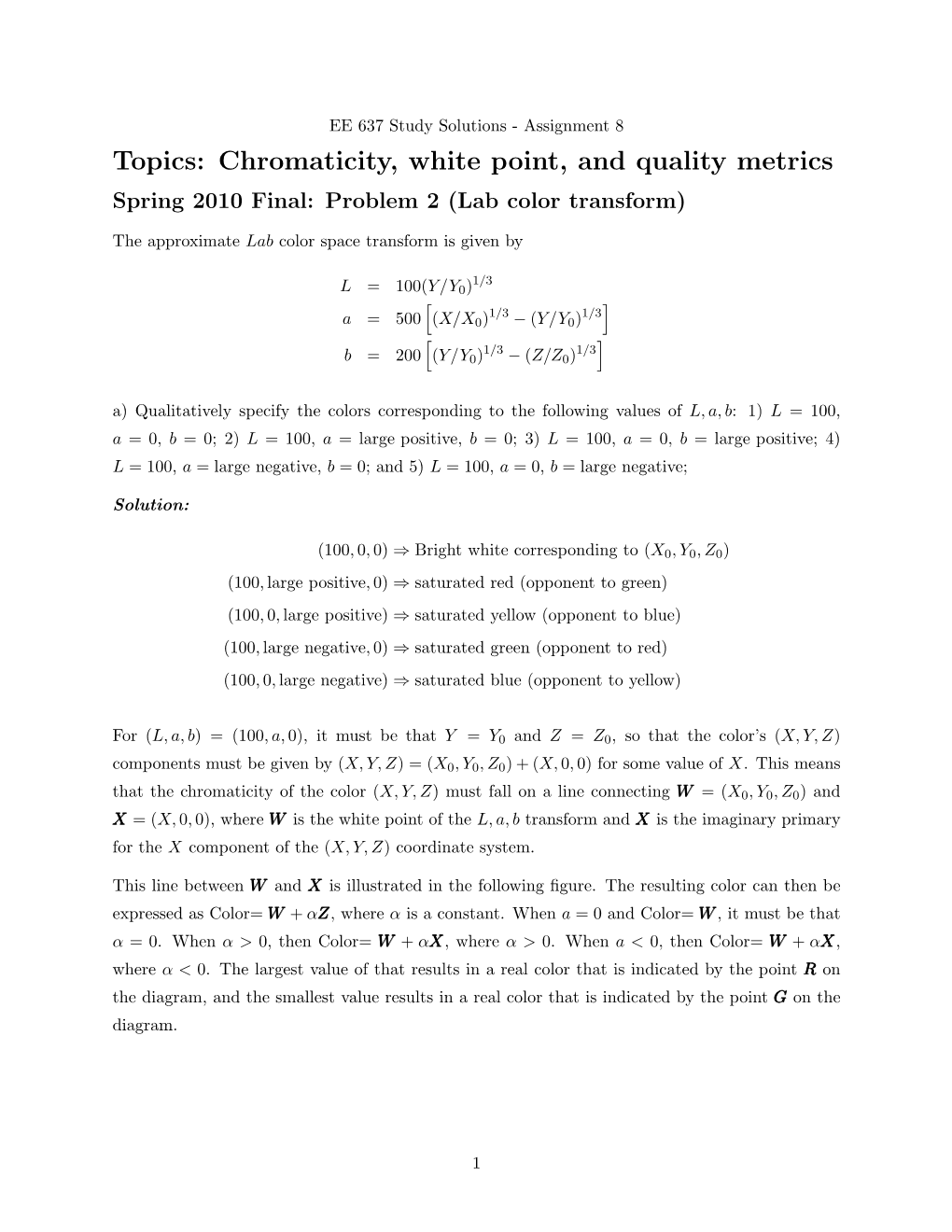 Chromaticity, White Point, and Quality Metrics Spring 2010 Final: Problem 2 (Lab Color Transform)