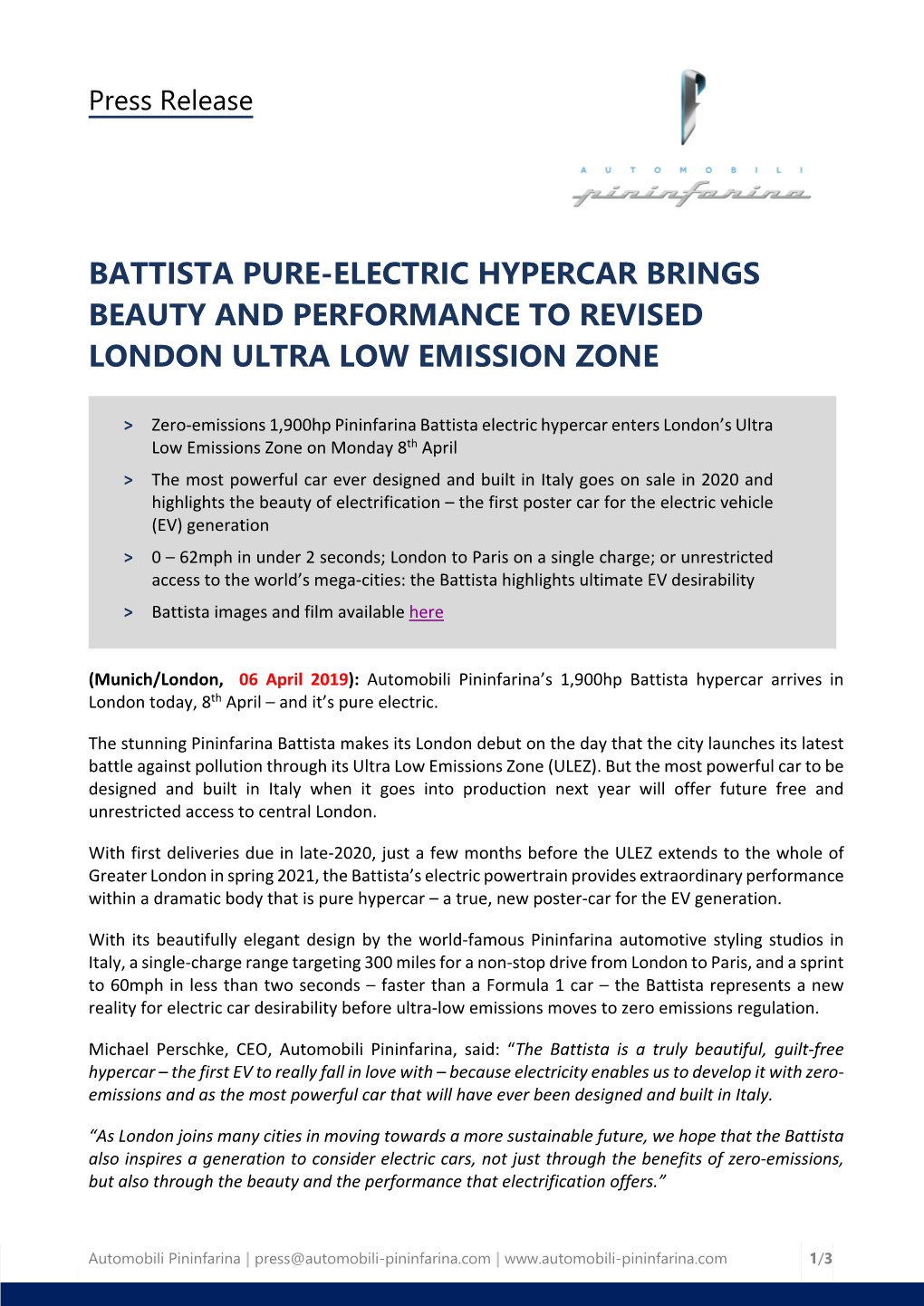 Battista Pure-Electric Hypercar Brings Beauty and Performance to Revised London Ultra Low Emission Zone