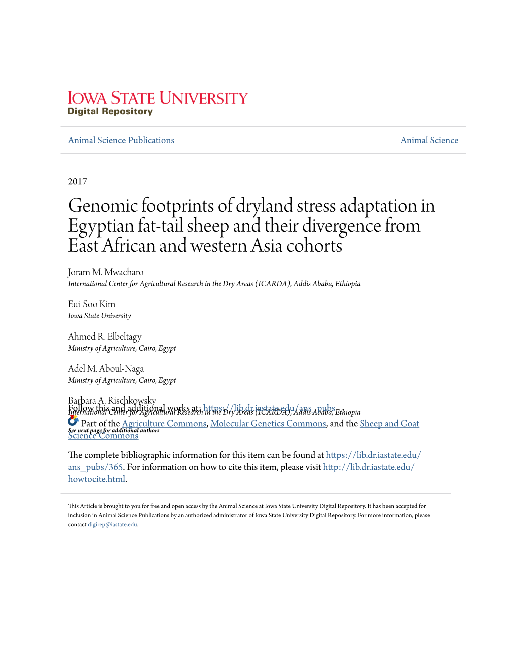 Genomic Footprints of Dryland Stress Adaptation in Egyptian Fat-Tail Sheep and Their Divergence from East African and Western Asia Cohorts Joram M