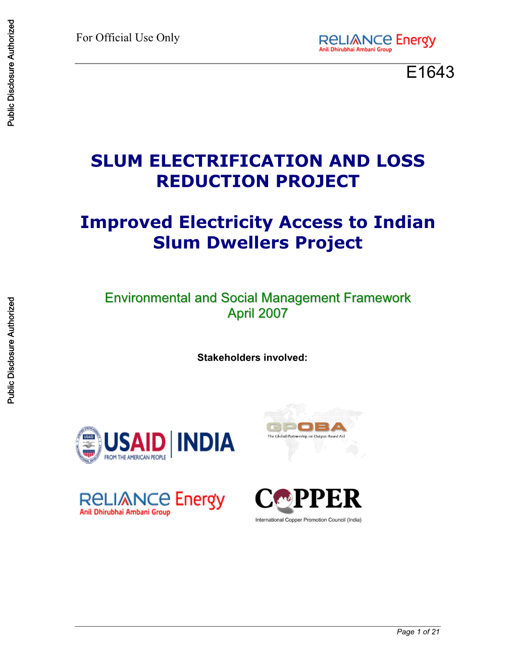 Slum Electrification and Loss Reduction Project