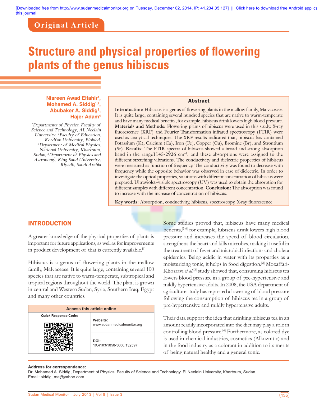 Structure and Physical Properties of Flowering Plants of the Genus Hibiscus