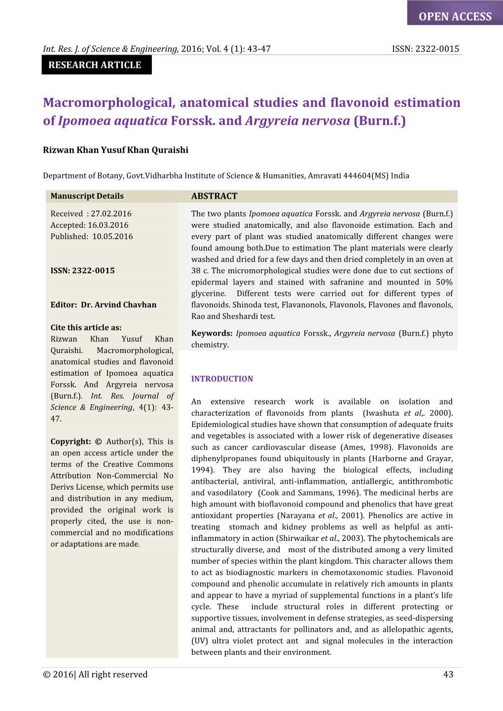 Macromorphological, Anatomical Studies and Flavonoid Estimation of Ipomoea Aquatica Forssk