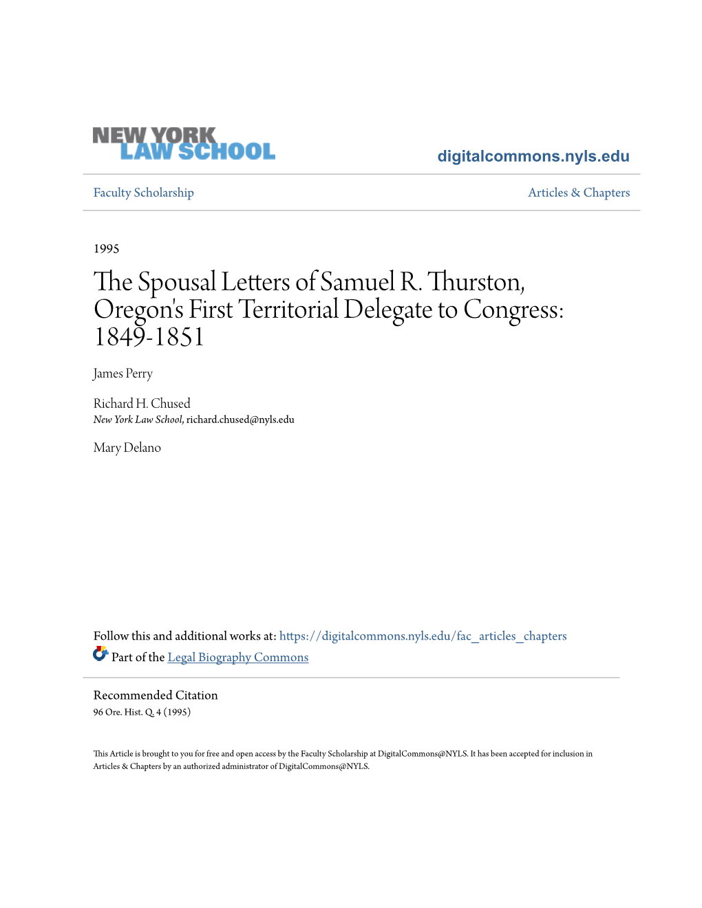 The Spousal Letters of Samuel R. Thurston, Oregon's First Territorial Delegate to Congress: 1849-1851 Edited by James R