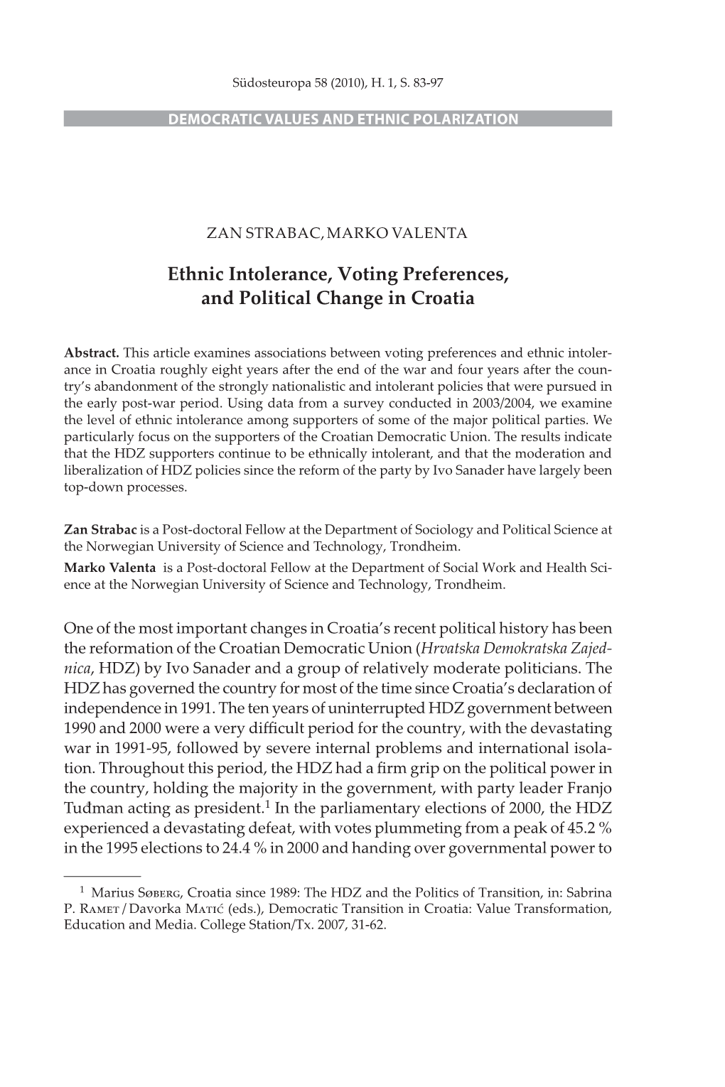 Ethnic Intolerance, Voting Preferences, and Political Change in Croatia