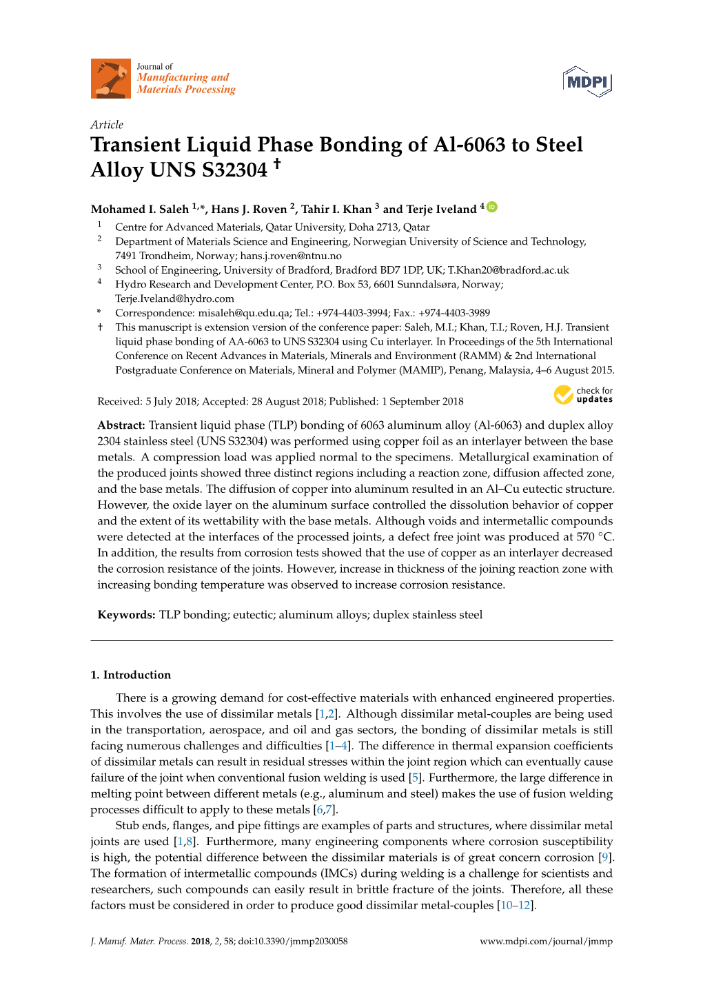 Transient Liquid Phase Bonding of Al-6063 to Steel Alloy UNS S32304 †