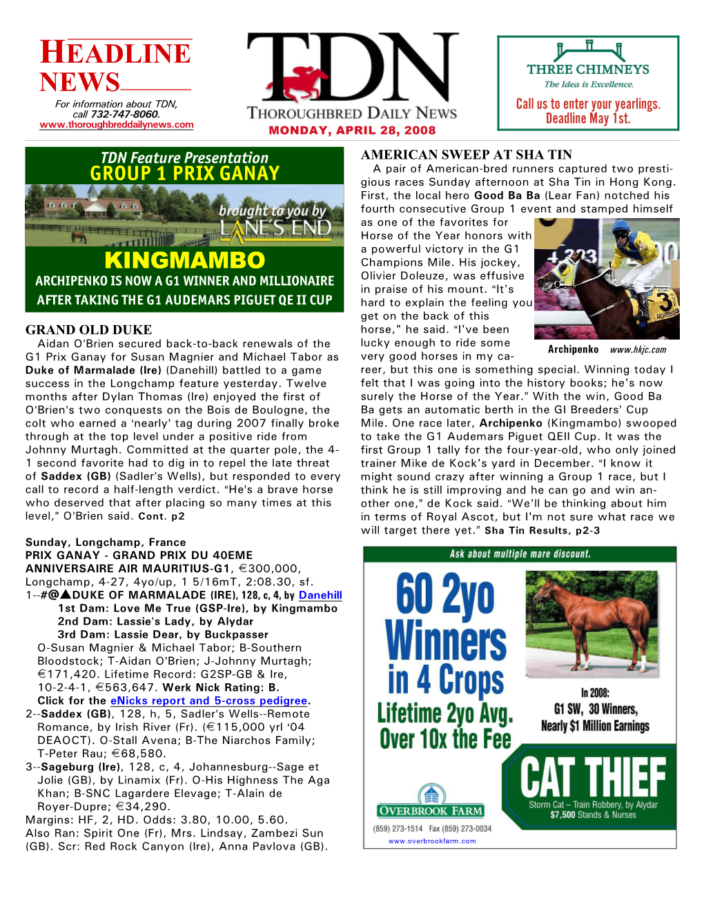HEADLINE NEWS for Information About TDN, Call Us to Enter Your Yearlings