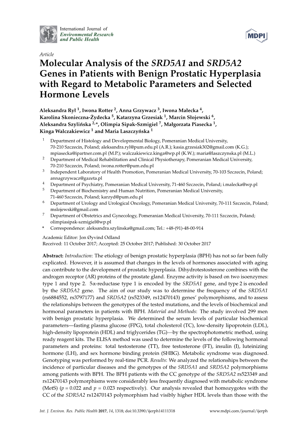 Molecular Analysis of the SRD5A1 and SRD5A2 Genes in Patients with Benign Prostatic Hyperplasia with Regard to Metabolic Parameters and Selected Hormone Levels