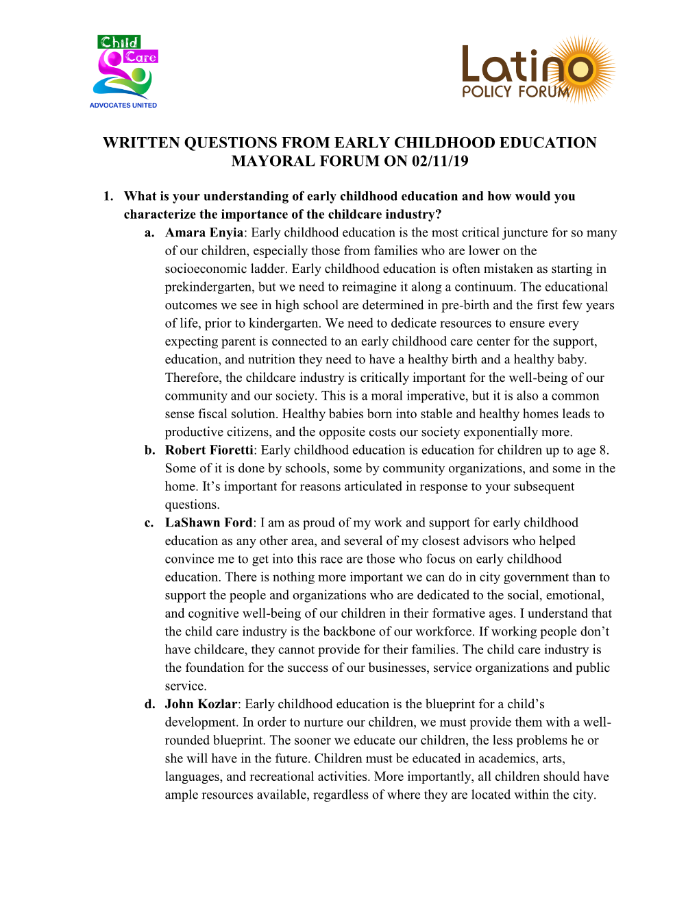 Written Questions from Early Childhood Education Mayoral Forum on 02/11/19