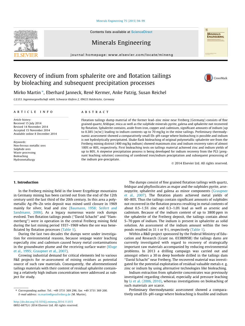 Recovery of Indium from Sphalerite Ore and Flotation Tailings By