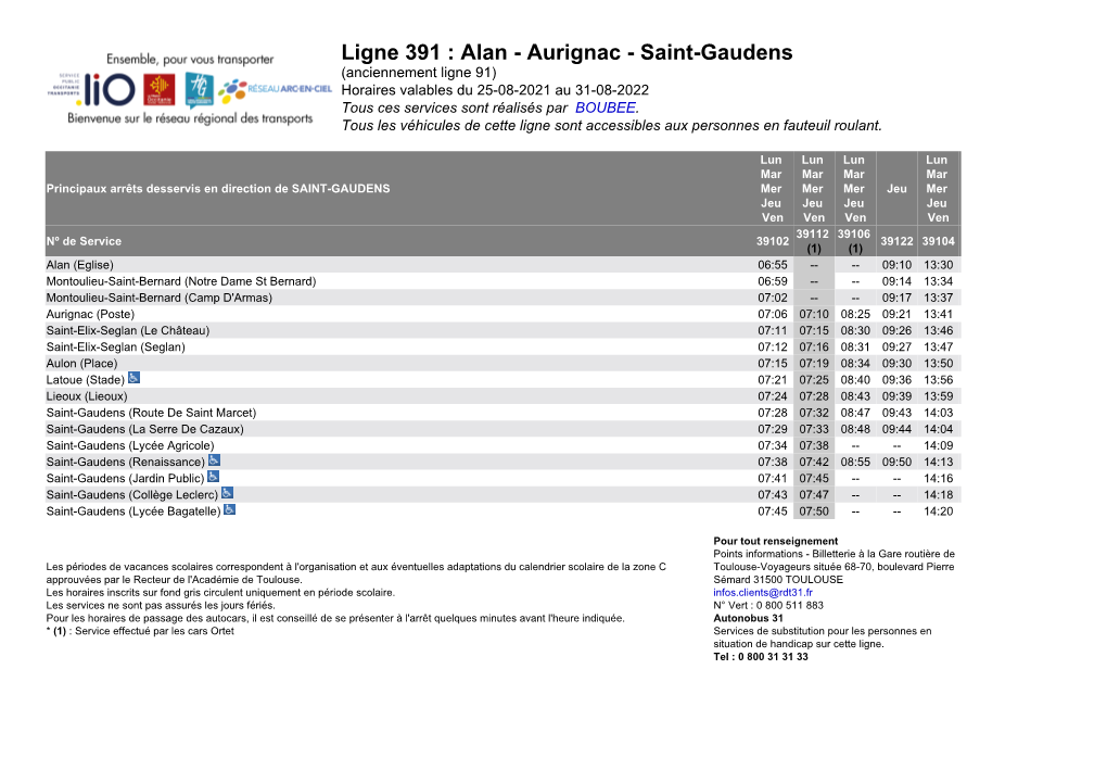 Saint-Gaudens (Anciennement Ligne 91) Horaires Valables Du 25-08-2021 Au 31-08-2022 Tous Ces Services Sont Réalisés Par BOUBEE