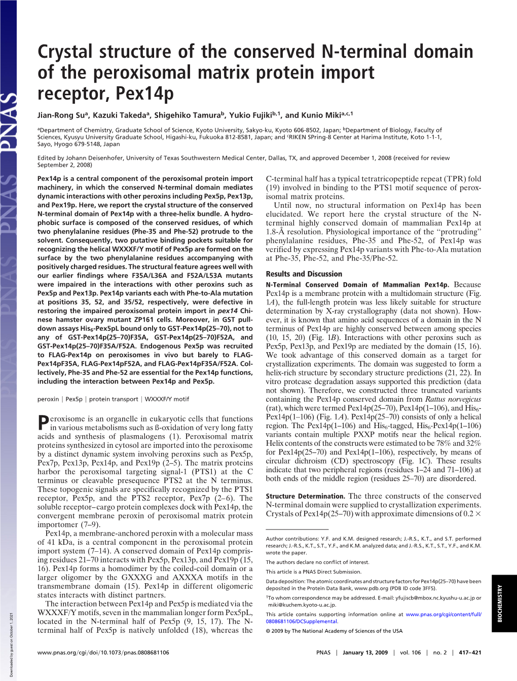 Crystal Structure of the Conserved N-Terminal Domain of the Peroxisomal Matrix Protein Import Receptor, Pex14p