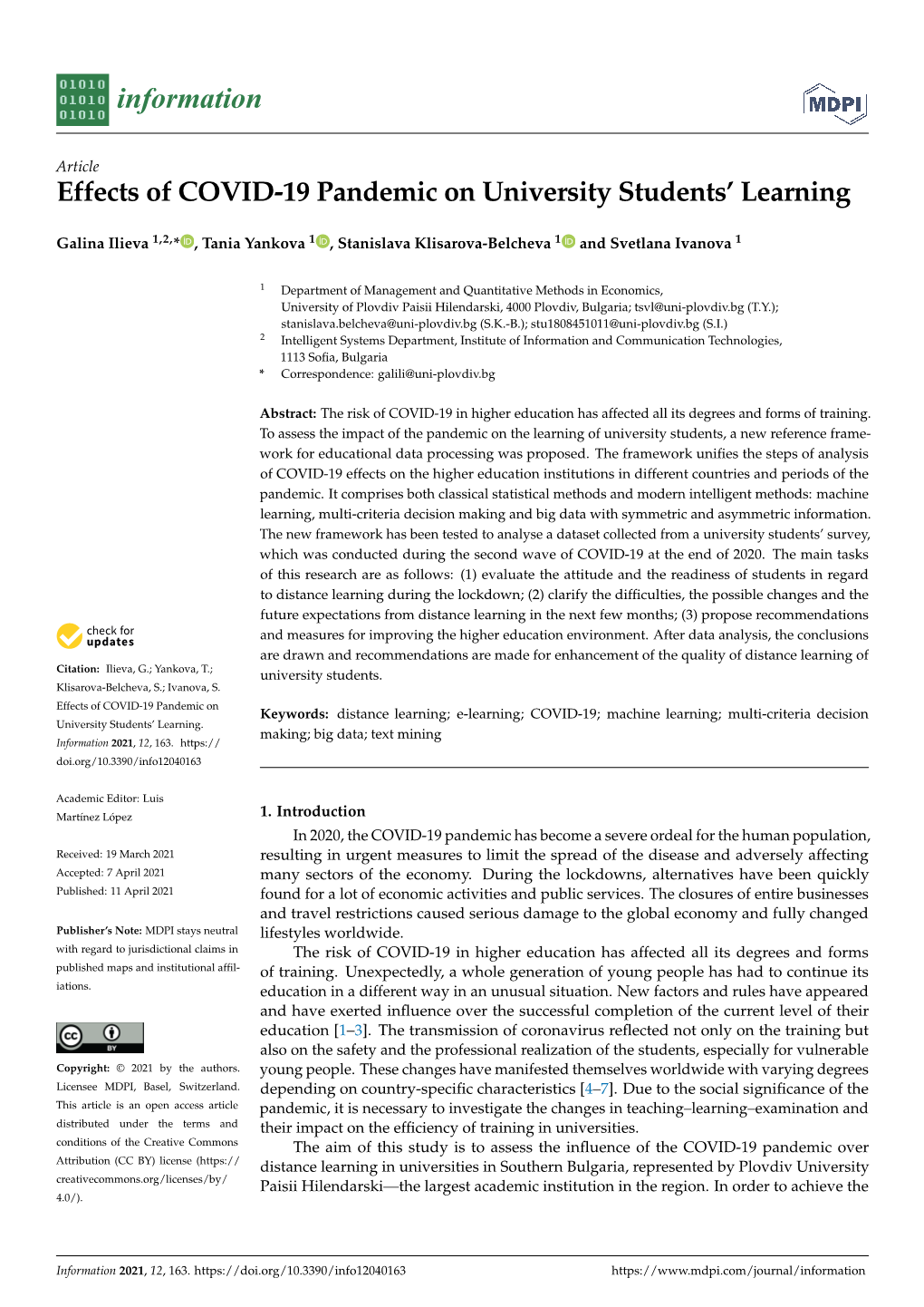 Effects of COVID-19 Pandemic on University Students' Learning