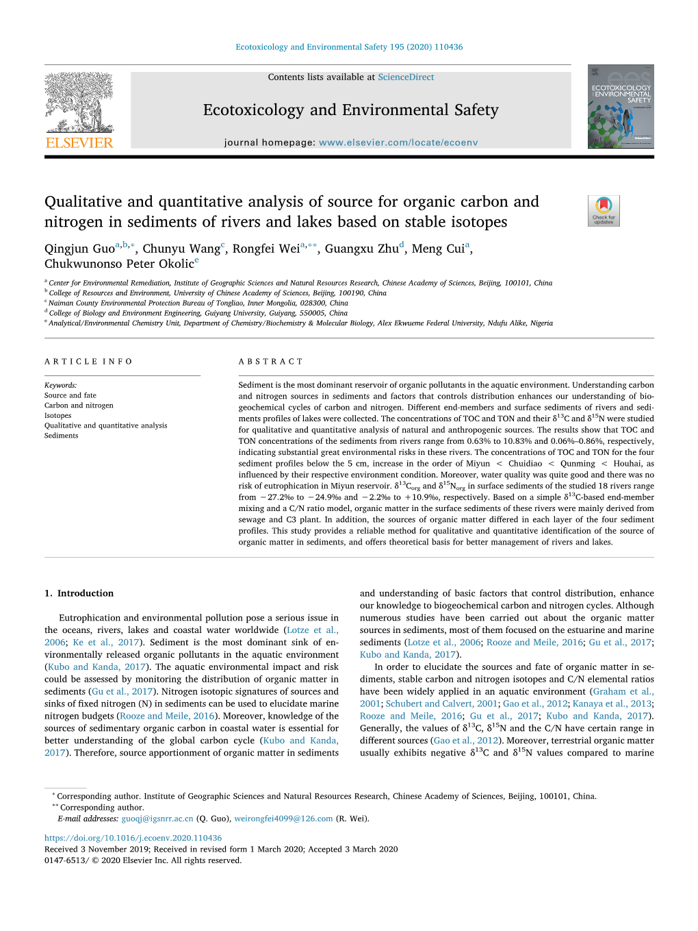 Qualitative and Quantitative Analysis of Source for Organic Carbon and Nitrogen in Sediments of Rivers and Lakes Based on Stable Isotopes T