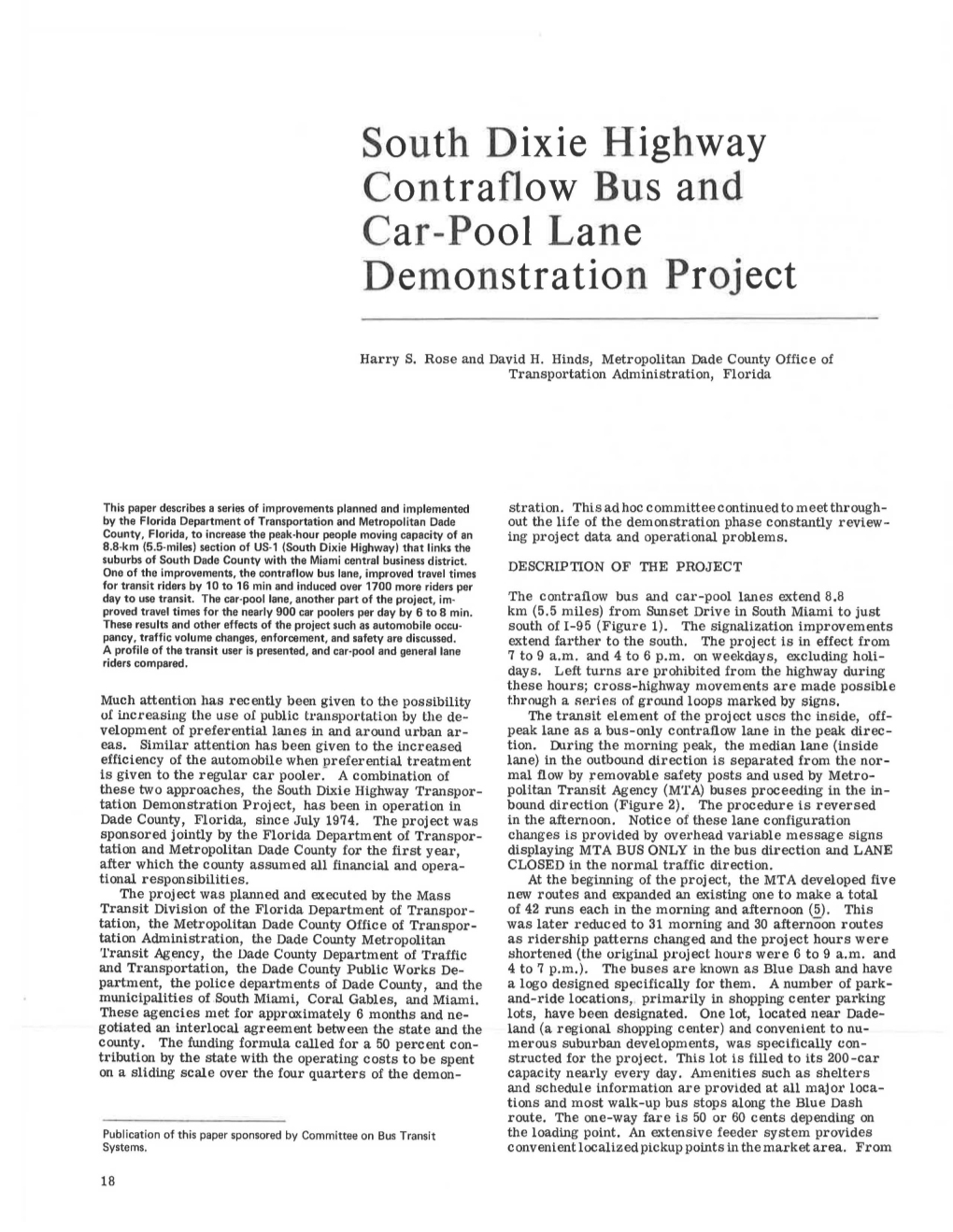 South Dixie Highway Contraflow Bus and Car-Pool Lane Demonstration Project