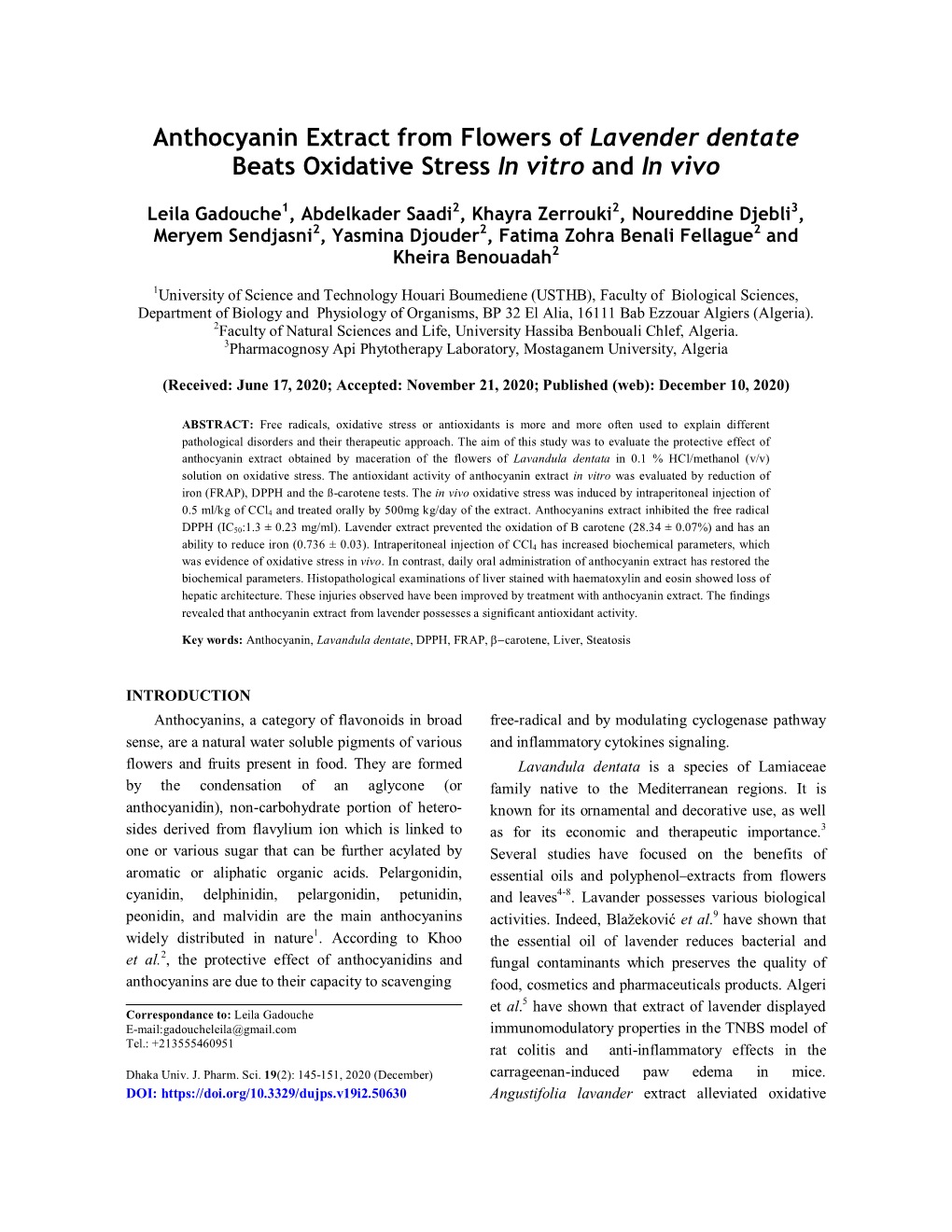 Anthocyanin Extract from Flowers of Lavender Dentate Beats Oxidative Stress in Vitro and in Vivo