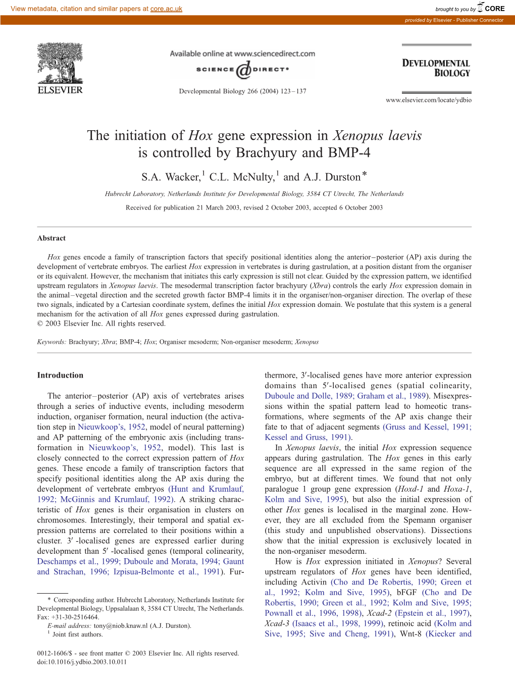 The Initiation of Hox Gene Expression in Xenopus Laevis Is Controlled by Brachyury and BMP-4