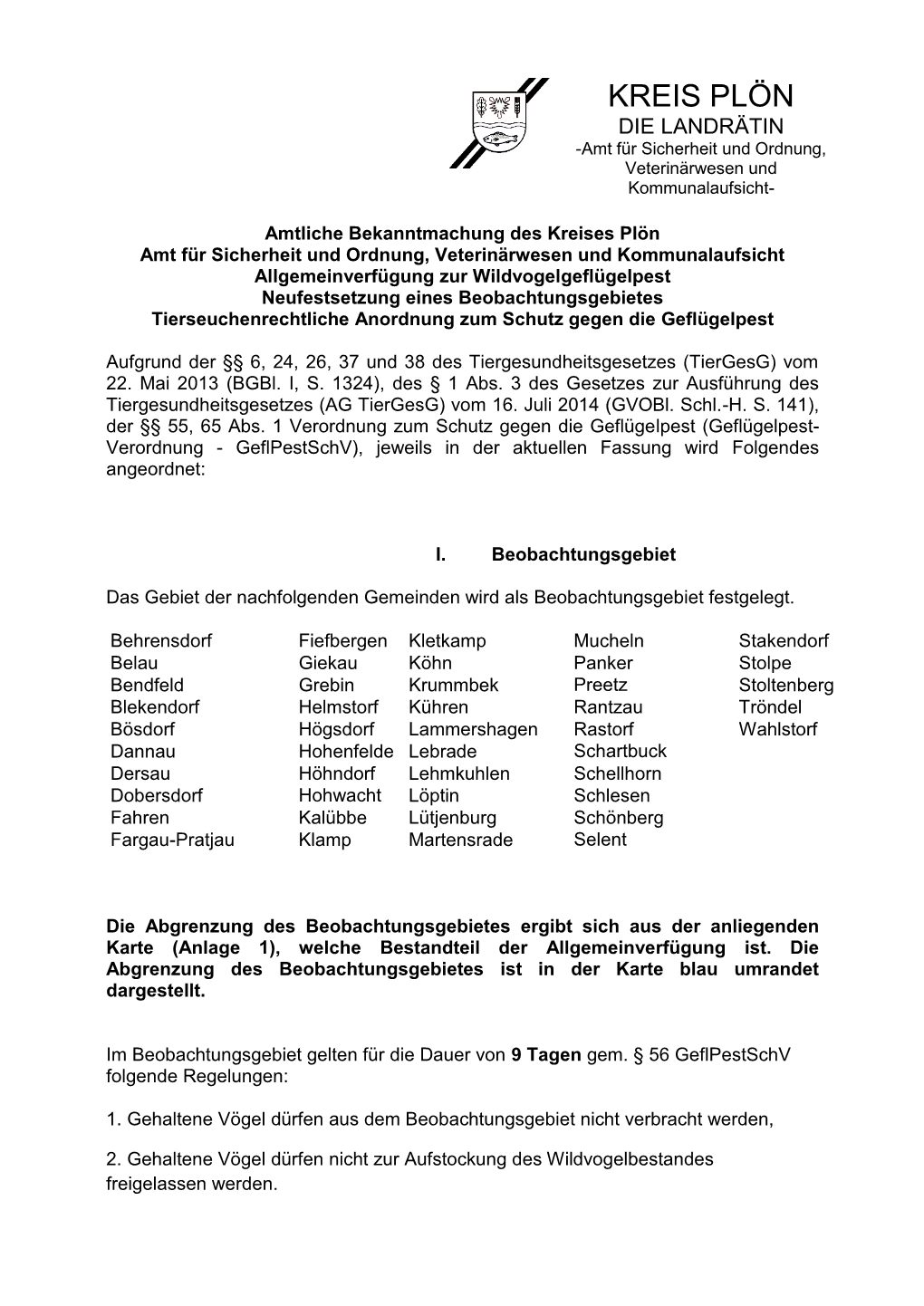 KREIS PLÖN DIE LANDRÄTIN -Amt Für Sicherheit Und Ordnung, Veterinärwesen Und Kommunalaufsicht