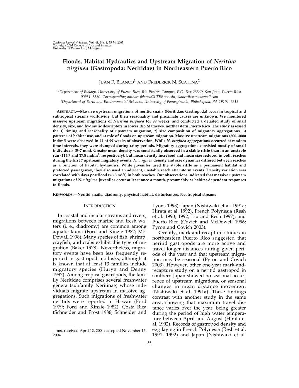 Floods, Habitat Hydraulics and Upstream Migration of Neritina Virginea (Gastropoda: Neritidae) in Northeastern Puerto Rico