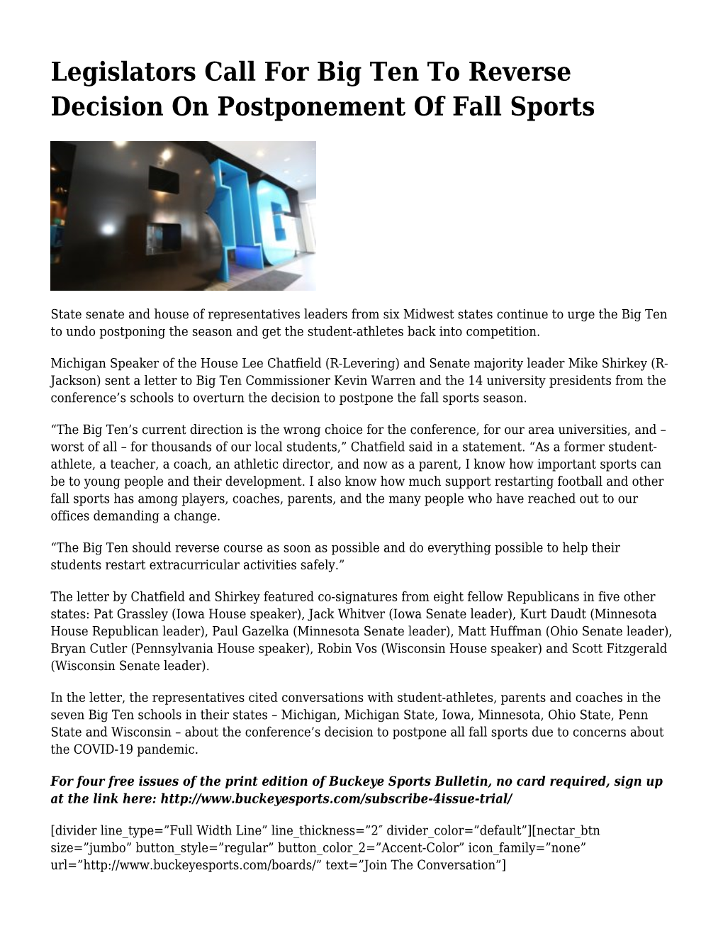 Legislators Call for Big Ten to Reverse Decision on Postponement of Fall Sports