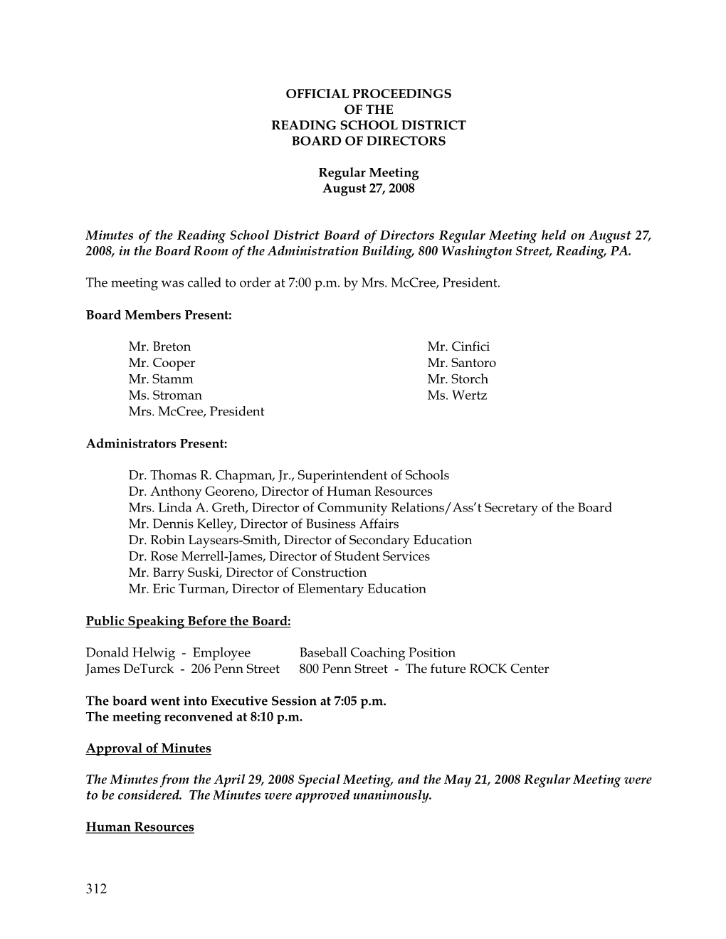 Official Proceedings of the Reading School District Board of Directors