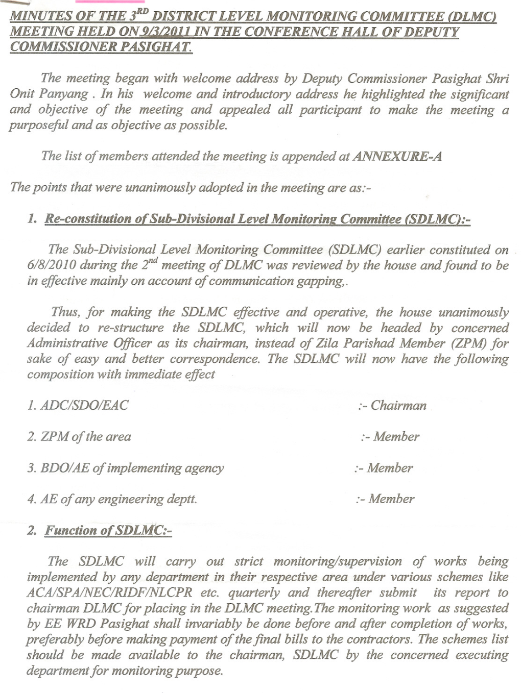 MINUTES of the JRD DISTRICT LEVEL MONITORING COMMITTEE (DLMC) MEETING HELD ON.9/Ji2j1111n the CONFERENCE HALL of DEPUTY COMMISSIONER PAS/GHAT