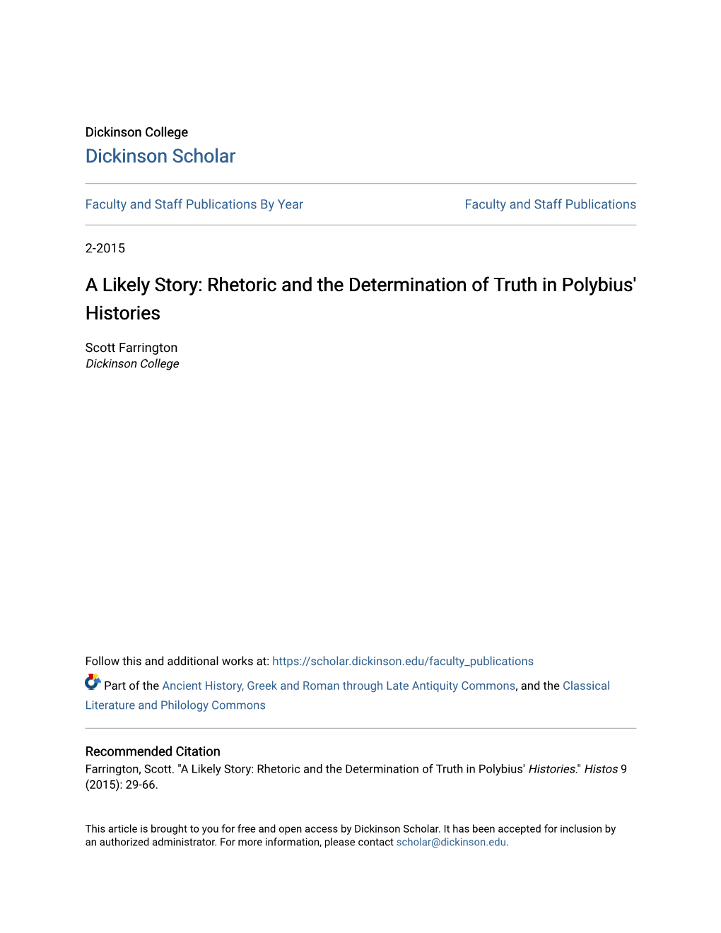 A Likely Story: Rhetoric and the Determination of Truth in Polybius' Histories