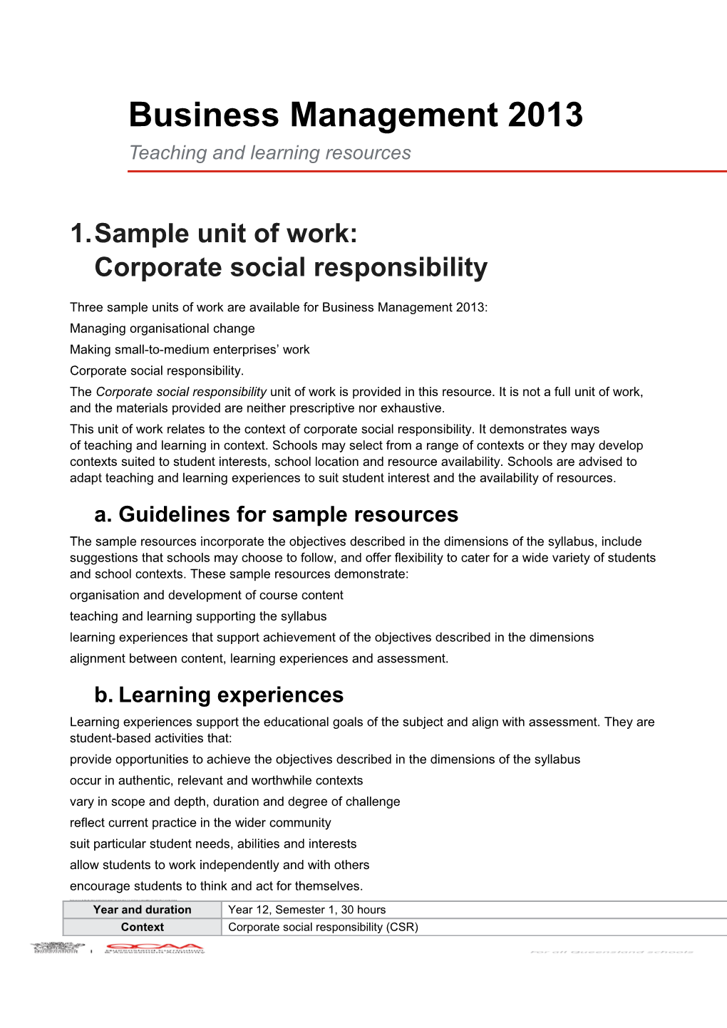 Business Management (2013) Teaching and Learning Resources: Sample Unit of Work - Corporate