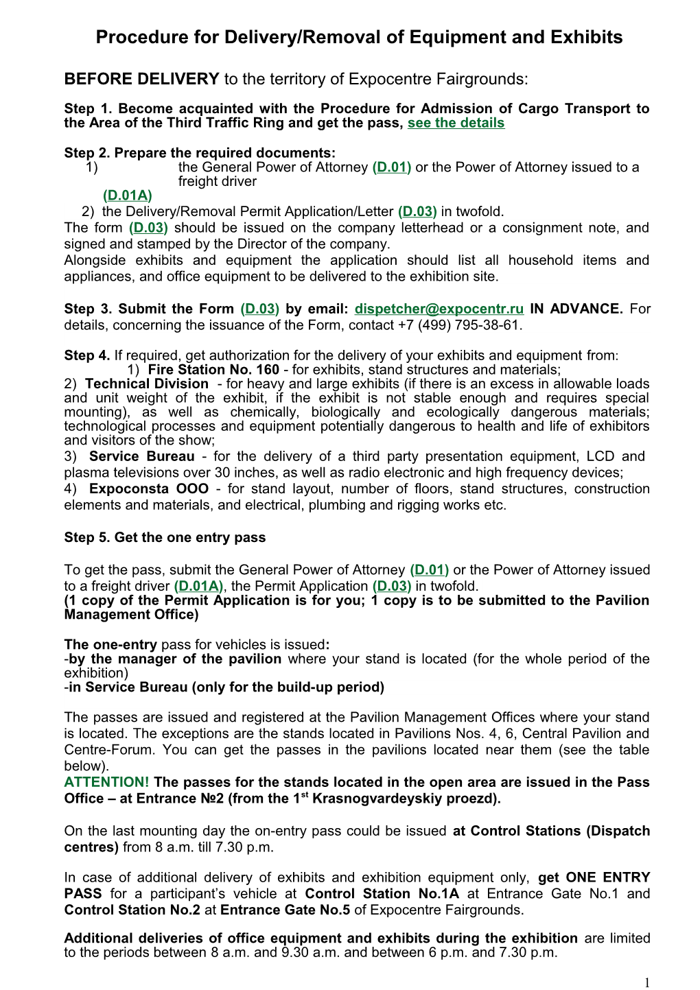 Procedure for Delivery/Removal of Equipment and Exhibits s1