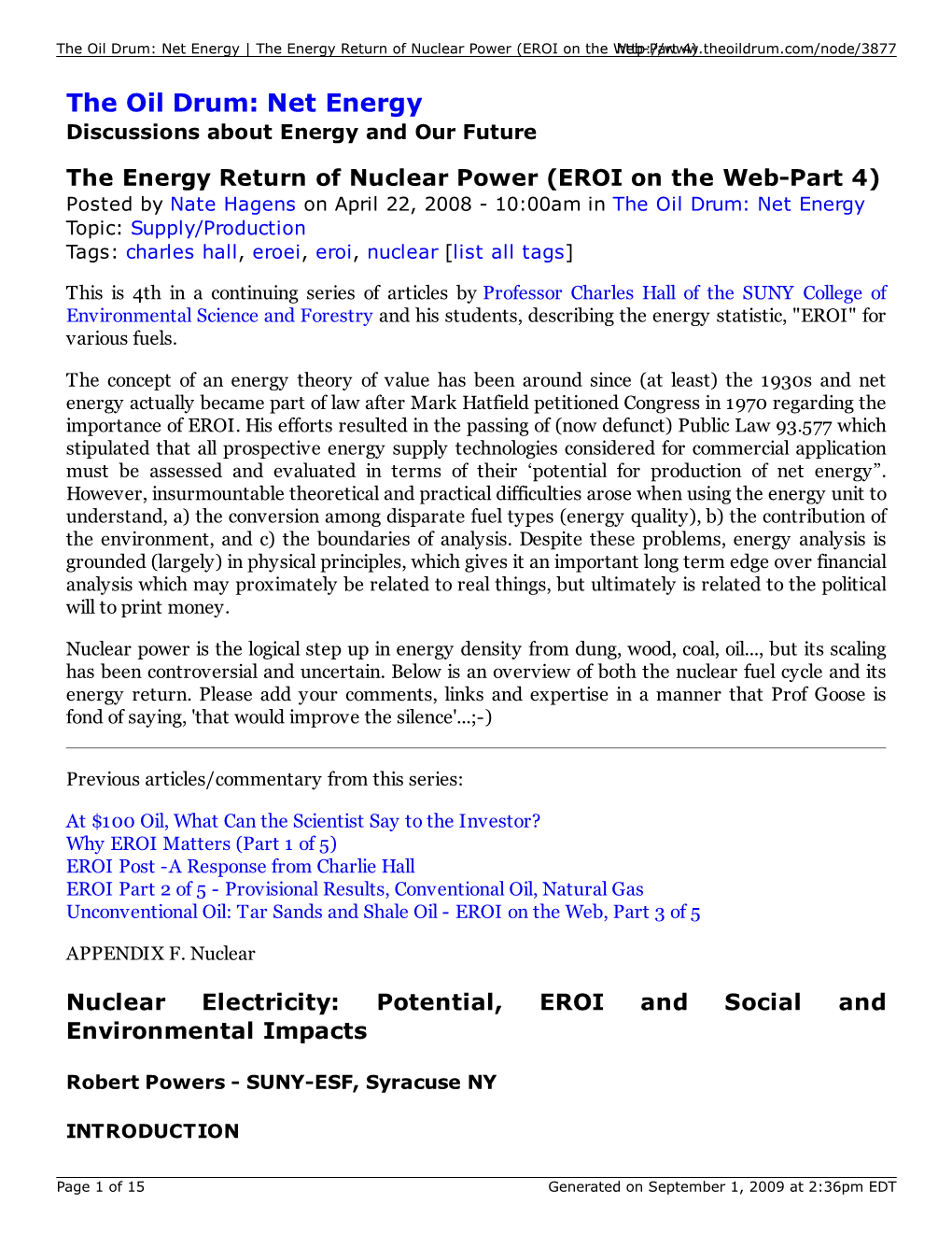 The Energy Return of Nuclear Power (EROI on the Whtetbp-:P/A/Wrtw 4W).Theoildrum.Com/Node/3877