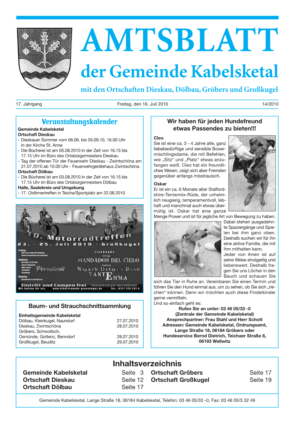 AMTSBLATT Der Gemeinde Kabelsketal Mit Den Ortschaften Dieskau, Dölbau, Gröbers Und Großkugel