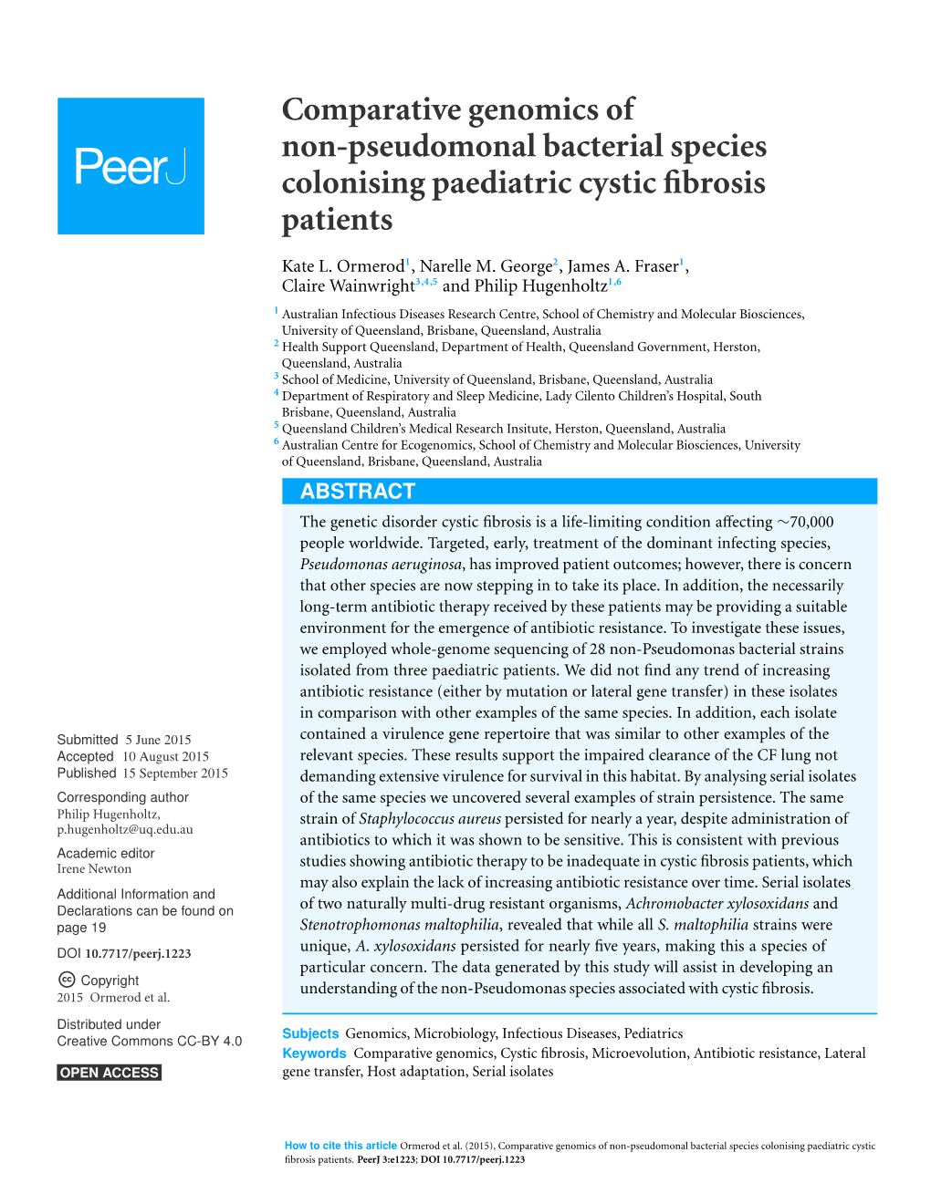 Comparative Genomics of Non-Pseudomonal Bacterial Species Colonising Paediatric Cystic Fibrosis Patients