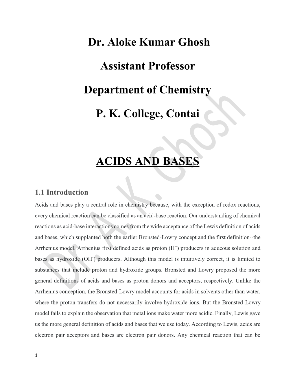 Dr. Aloke Kumar Ghosh Assistant Professor Department of Chemistry