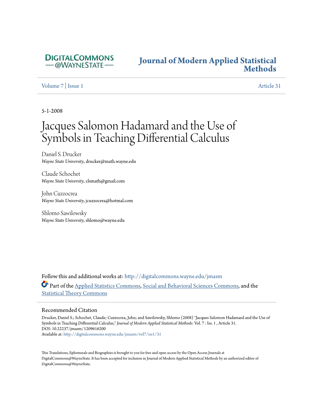 Jacques Salomon Hadamard and the Use of Symbols in Teaching Differential Calculus Daniel S