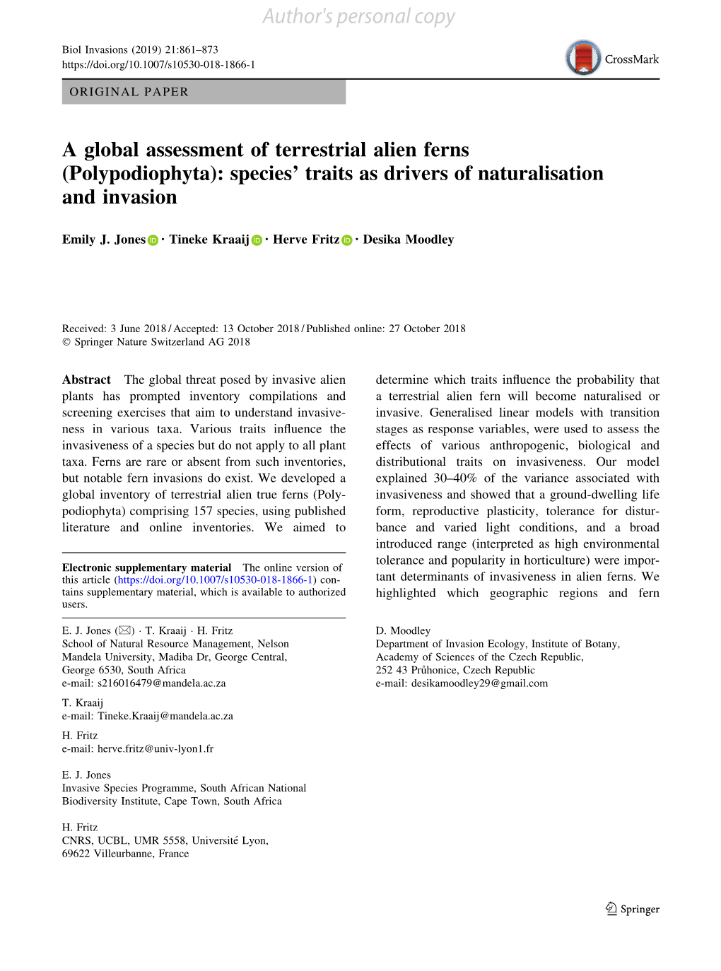 A Global Assessment of Terrestrial Alien Ferns (Polypodiophyta): Species’ Traits As Drivers of Naturalisation and Invasion