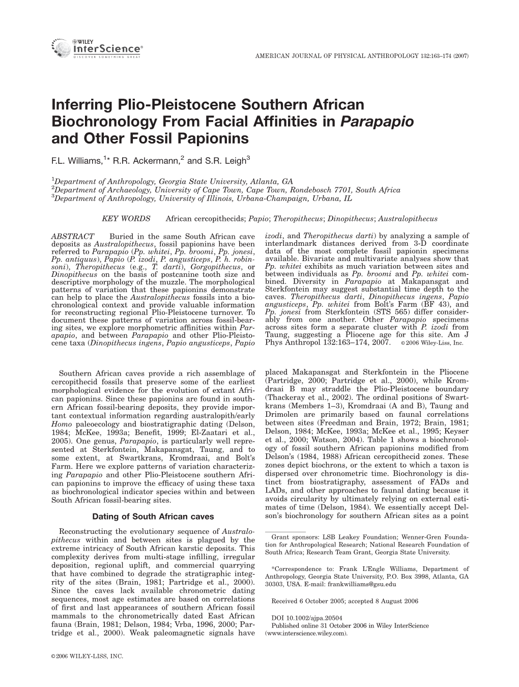 Inferring Plio-Pleistocene Southern African Biochronology from Facial Affinities in Parapapio and Other Fossil Papionins