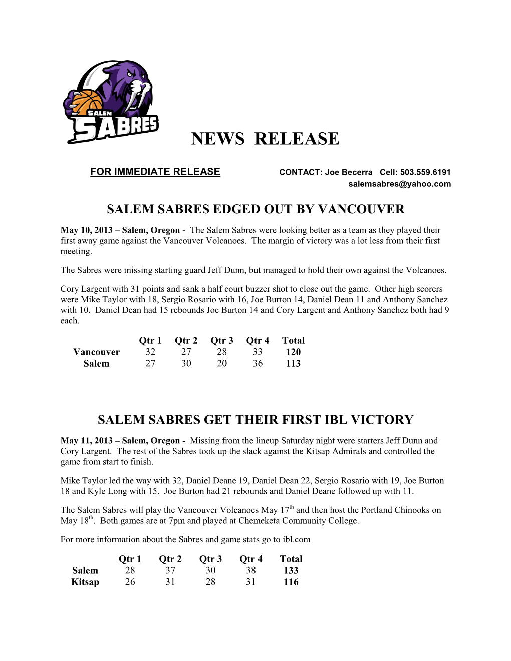 Salem Sabres Get Their First Ibl Victory