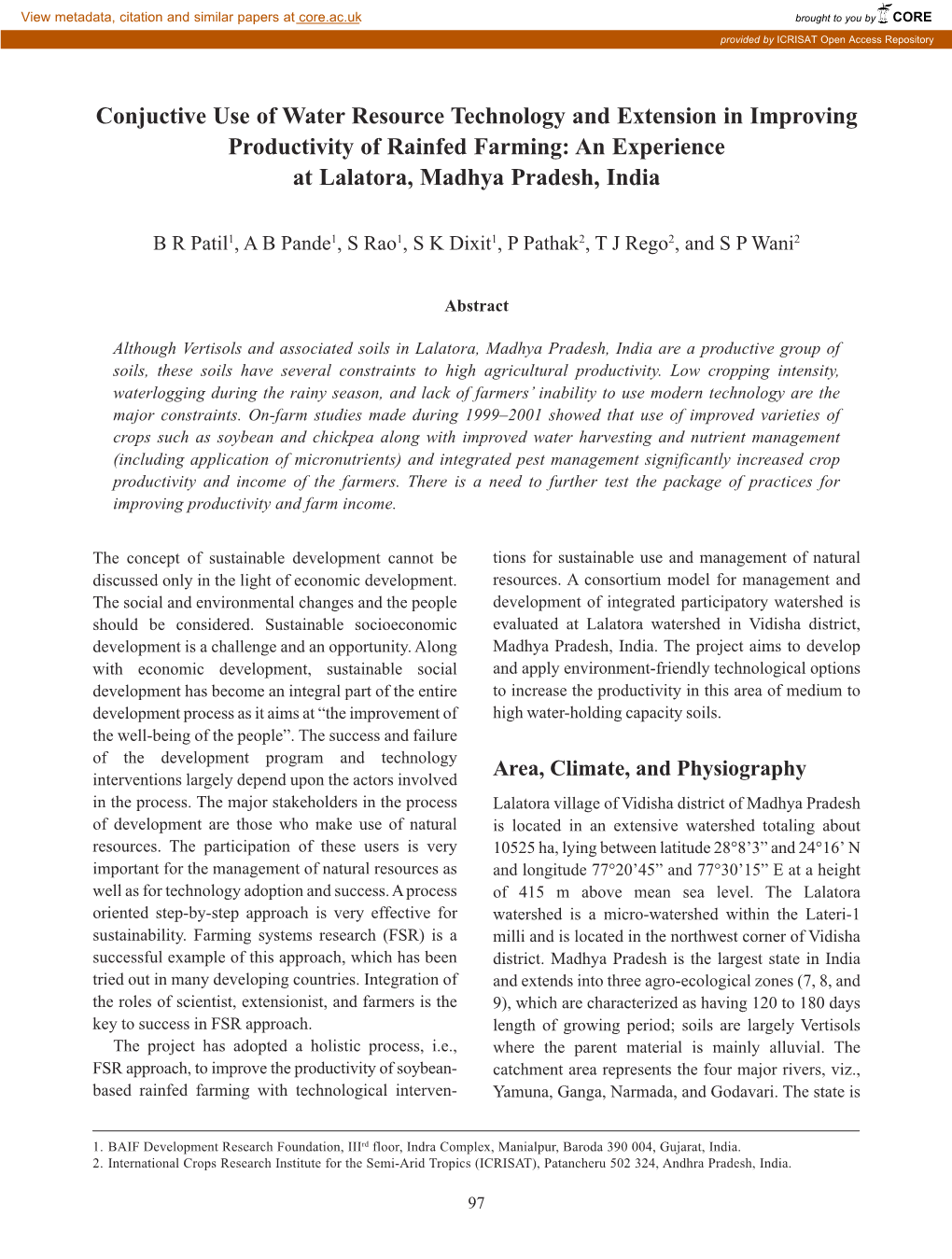 Conjuctive Use of Water Resource Technology and Extension in Improving Productivity of Rainfed Farming: an Experience at Lalatora, Madhya Pradesh, India