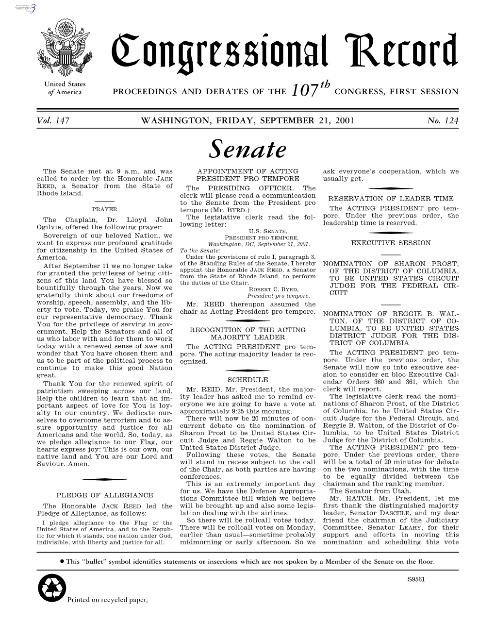 Congressional Record United States Th of America PROCEEDINGS and DEBATES of the 107 CONGRESS, FIRST SESSION