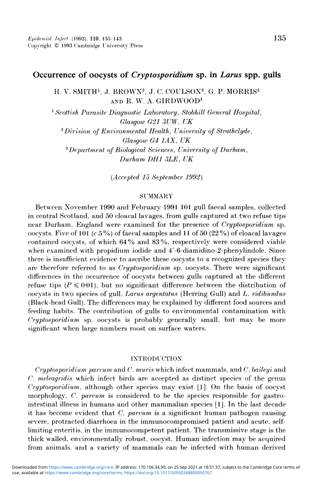 Occurrence of Oocysts of Cryptosporidium Sp. in Larus Spp