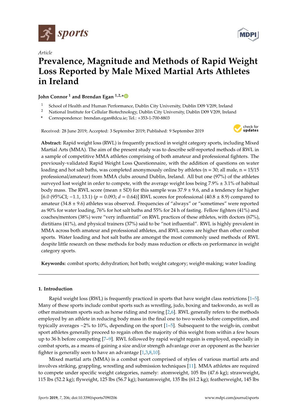 Prevalence, Magnitude and Methods of Rapid Weight Loss Reported by Male Mixed Martial Arts Athletes in Ireland