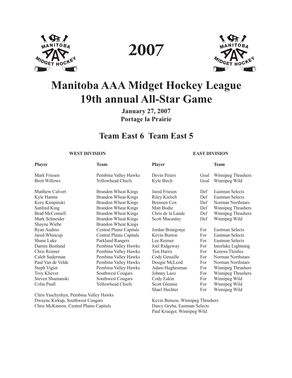 2007 Manitoba AAA Midget Hockey League 19Th Annual All-Star Game