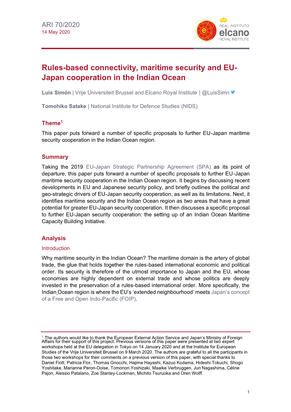Rules-Based Connectivity, Maritime Security and EU-Japan Cooperation in the Indian Ocean ARI 70/2020 - 14/5/2020 - Elcano Royal Institute