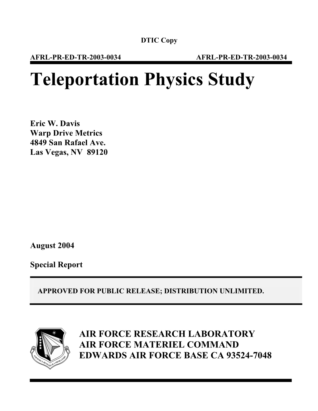 Teleportation Physics Study